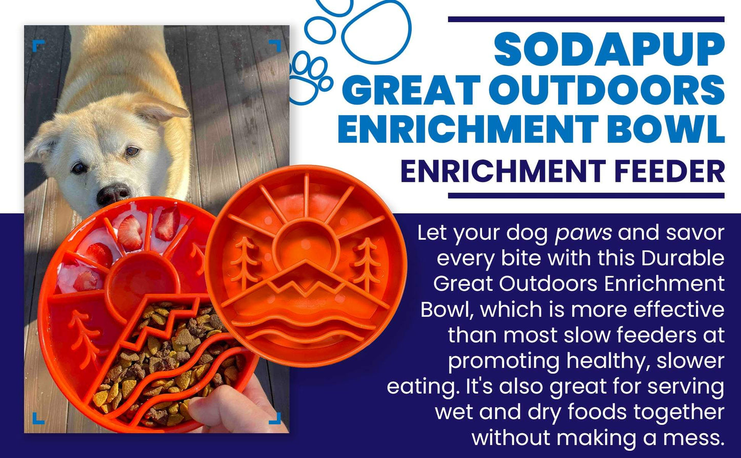 Slow feeder dog bowl with outdoor pattern, slow feeding ridges, and enrichment design for healthier digestion and mental stimulation.