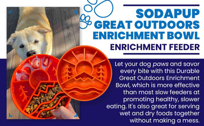 Slow feeder dog bowl with outdoor pattern, slow feeding ridges, and enrichment design for healthier digestion and mental stimulation.