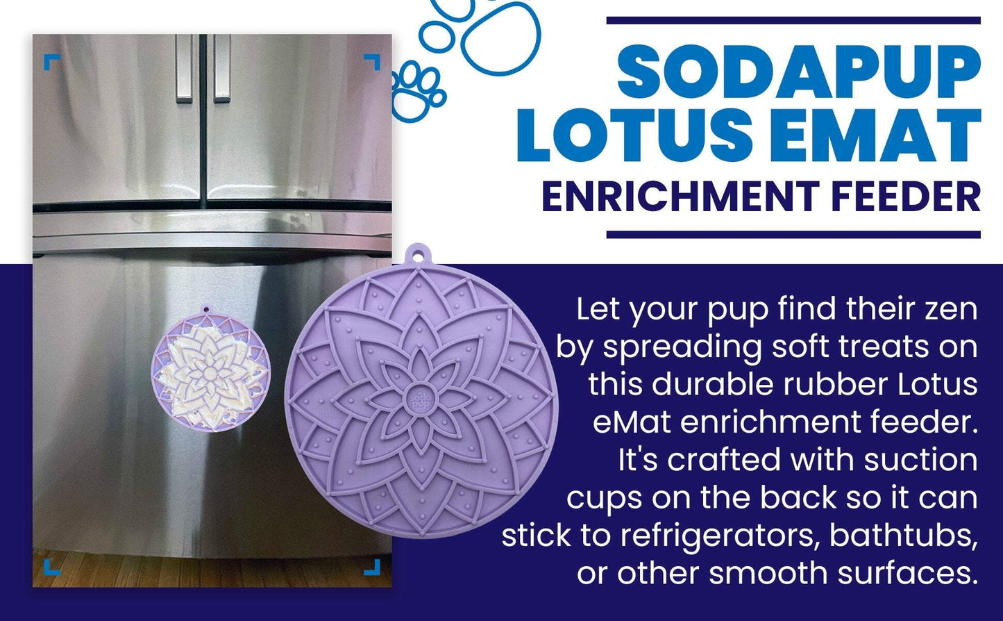 Lotus Design enrichment lick mat for dogs with suction cups, pastel purple, attached to stainless steel refrigerator door.