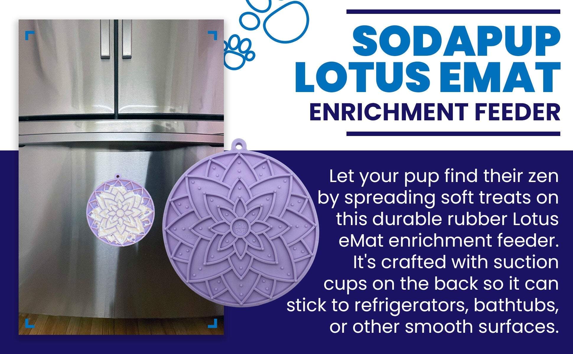 Lotus Design enrichment lick mat for dogs with suction cups, pastel purple, attached to stainless steel refrigerator door.