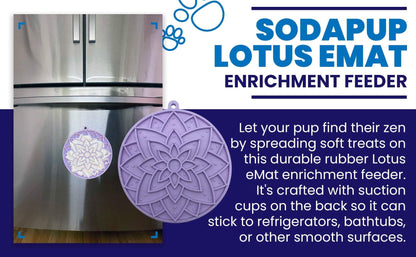Lotus Design enrichment lick mat for dogs with suction cups, pastel purple, attached to stainless steel refrigerator door.