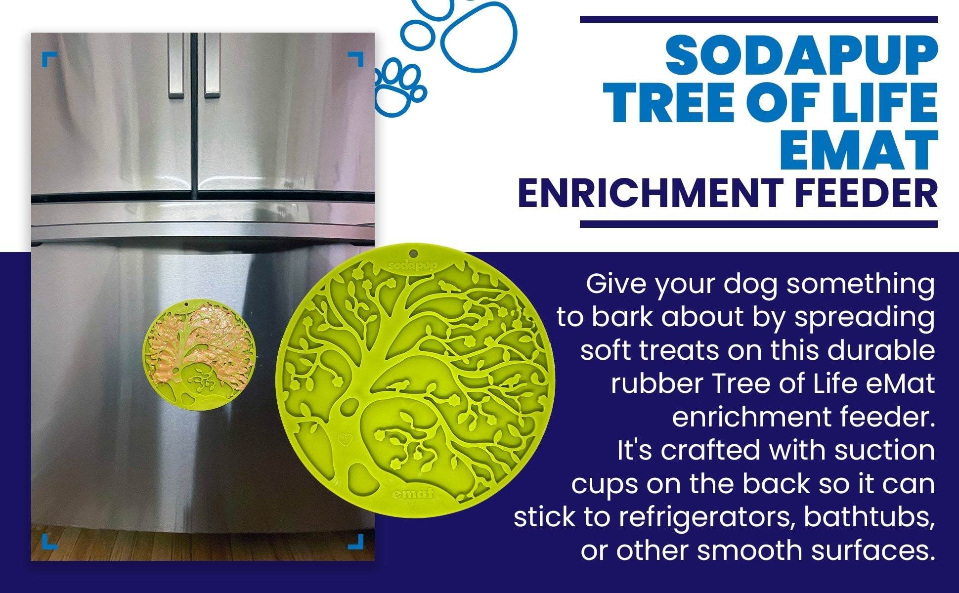 SodaPup Tree of Life eMat lick mat with suction cups on stainless steel refrigerator door, green textured enrichment feeder for dogs and cats
