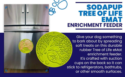 SodaPup Tree of Life eMat lick mat with suction cups on stainless steel refrigerator door, green textured enrichment feeder for dogs and cats
