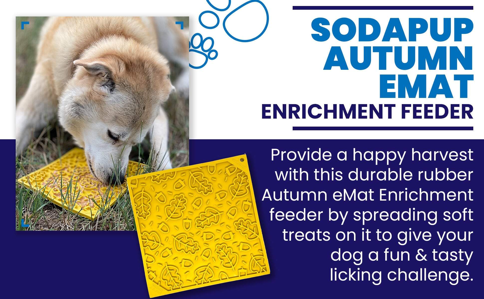 Yellow Autumn eMat for Dogs and Cats with textured fall leaves design used by dog outdoors for licking enrichment and anxiety relief