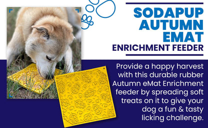 Yellow Autumn eMat for Dogs and Cats with textured fall leaves design used by dog outdoors for licking enrichment and anxiety relief