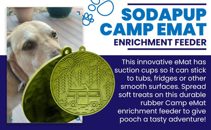 Camp eMat dog lick mat with suction cups and retro camper van design for stress relief and enrichment