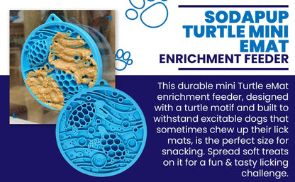 Turtle eMat-Mini enrichment lick mat with suction cups for small dogs and cats, compact turtle design for slow feeding, mental stimulation, and anxiety relief, made in USA FDA-compliant materials.