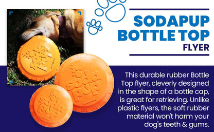 Orange durable rubber Bottle Top Flyer frisbee for dogs shaped like a bottle cap, safe for teeth and gums, ideal for retrieving.