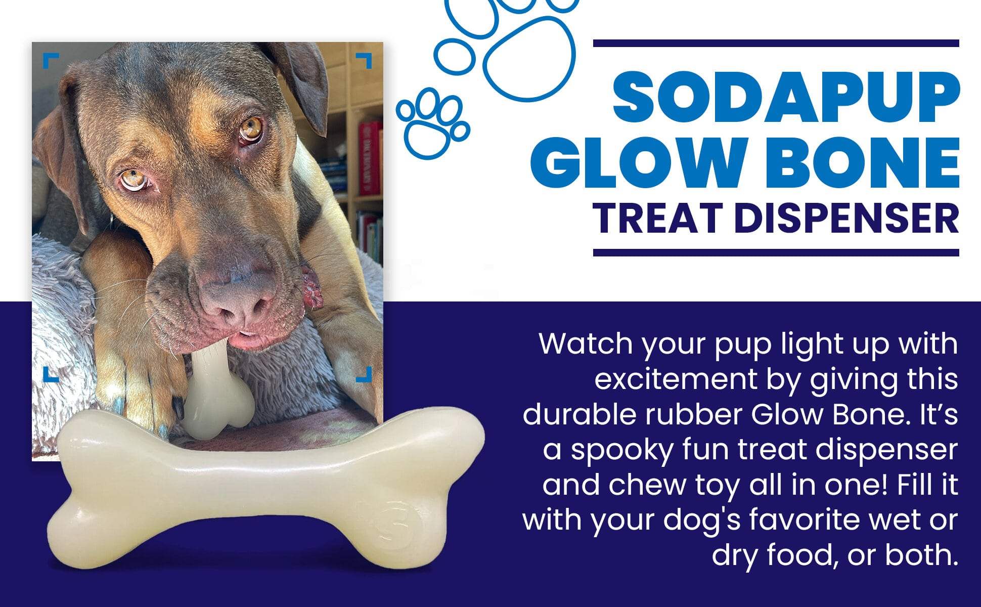 Durable glow-in-the-dark rubber bone dog toy by SodaPup, chew and treat dispenser for large dogs
