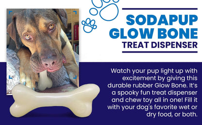 Durable glow-in-the-dark rubber bone dog toy by SodaPup, chew and treat dispenser for large dogs