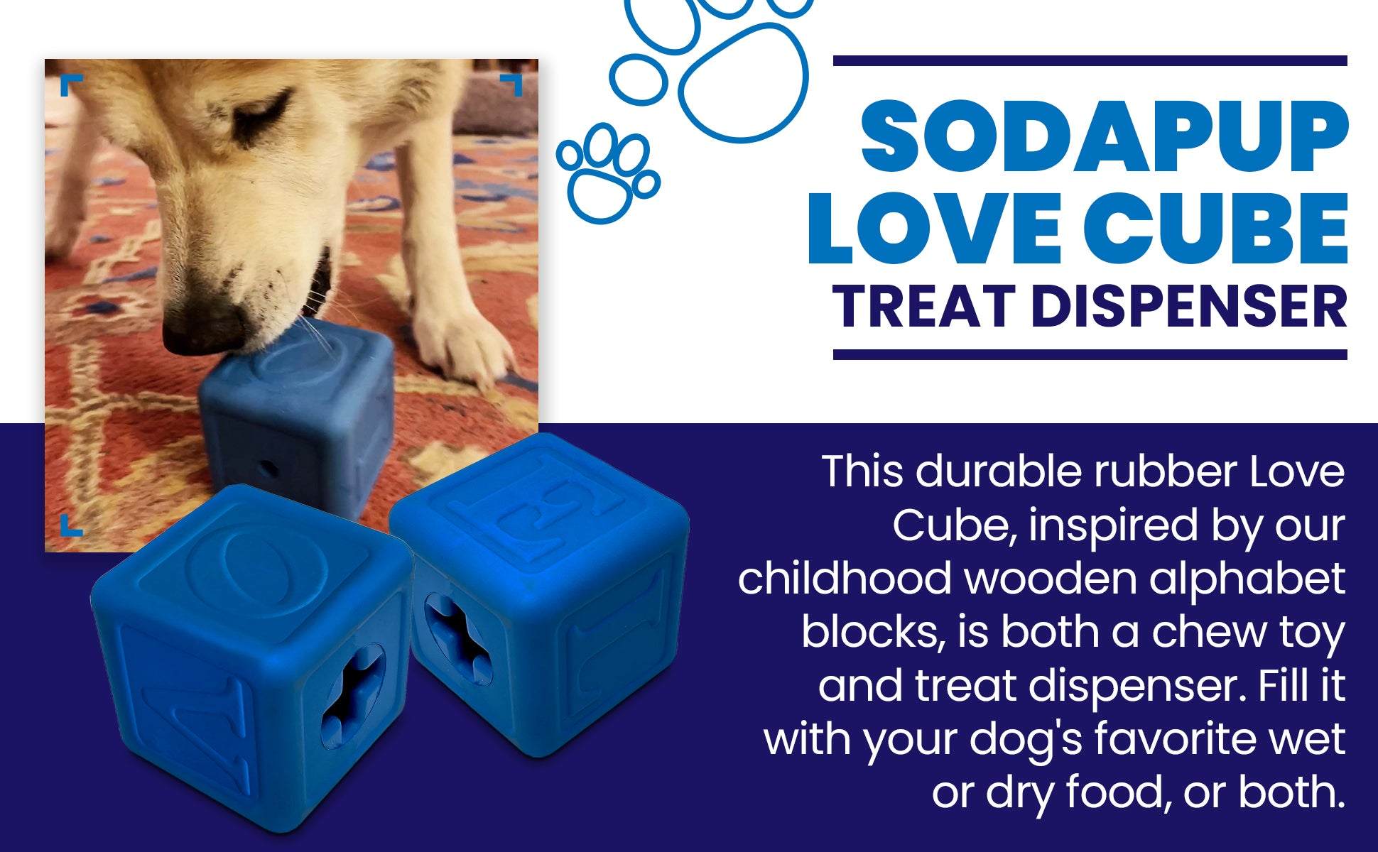 Blue rubber Love Cube eDispenser chew toy and treat dispenser for dogs with raised letters and numbers, shown with dog chewing on it and product description text