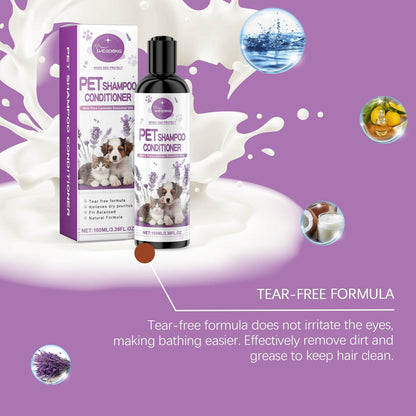 Pet Lavender Shampoo and conditioner bottle with lavender flowers, dog image, and tear-free formula icon on purple background