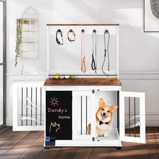 White vintage heavy wooden dog crate with double doors and chalkboard design