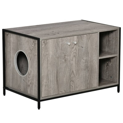 Modern hidden cat litter box enclosure with wood-steel frame and side entry hole