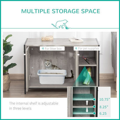 Hidden cat litter box enclosure with adjustable shelves, side pet supplies storage, and damping hinge doors.