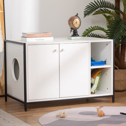 Hidden cat litter box enclosure with steel frame, white particleboard cabinet, side entrance, adjustable shelves, and magnetic doors.