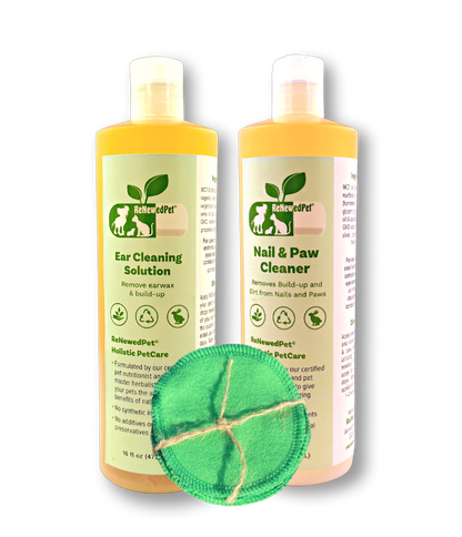 ReNewedPet 4-ALL PETS Ear and Nail Cleaner Kit with natural ear cleaning solution, nail and paw cleaner, and reusable cotton pads for pet grooming and health.