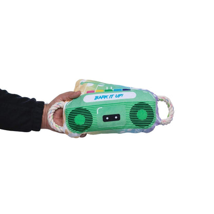 Retro Boombox Plush Dog Toy with squeaker and crinkle paper for engaging play
