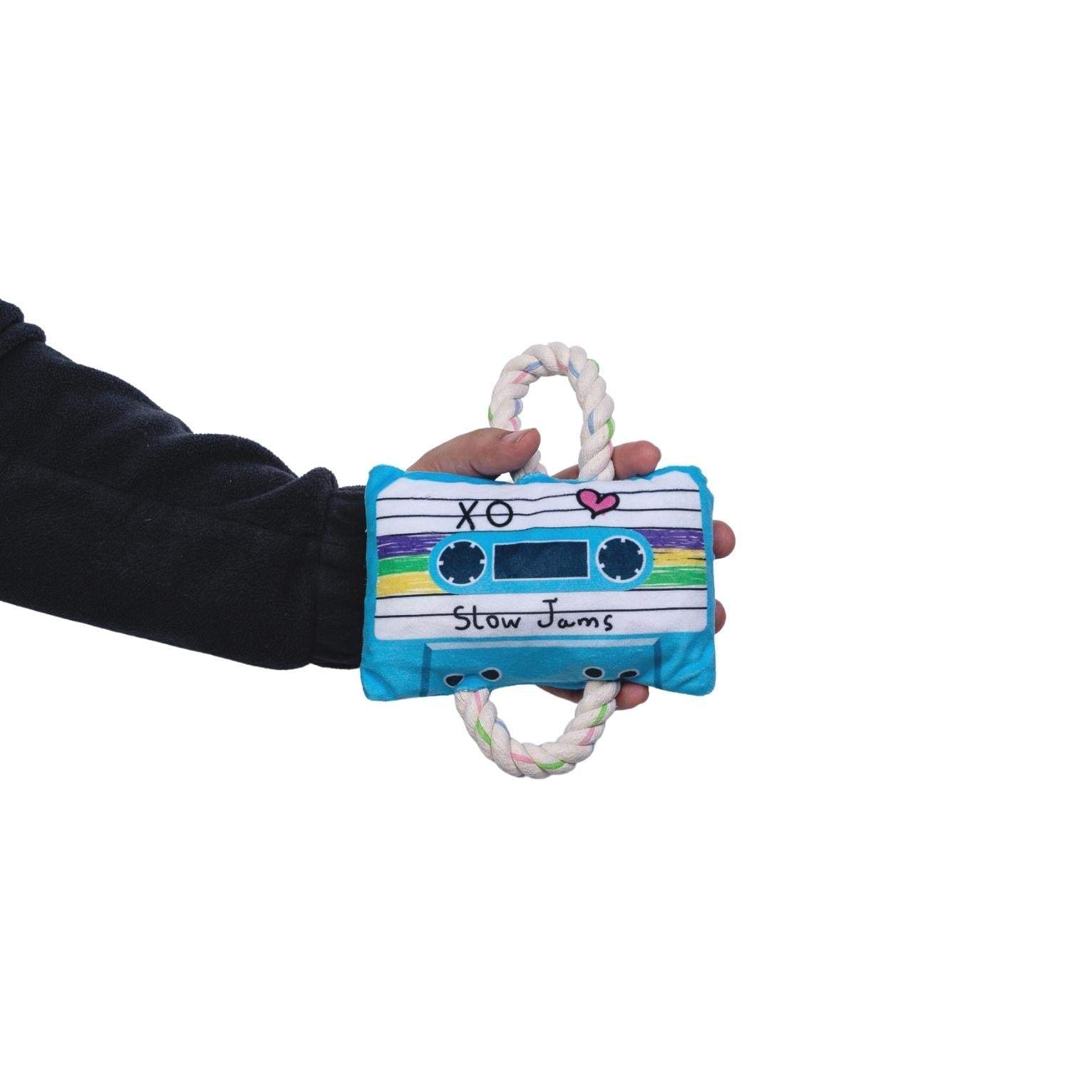 Retro cassette tape plush dog toy with squeaker and crinkle paper for playful pups