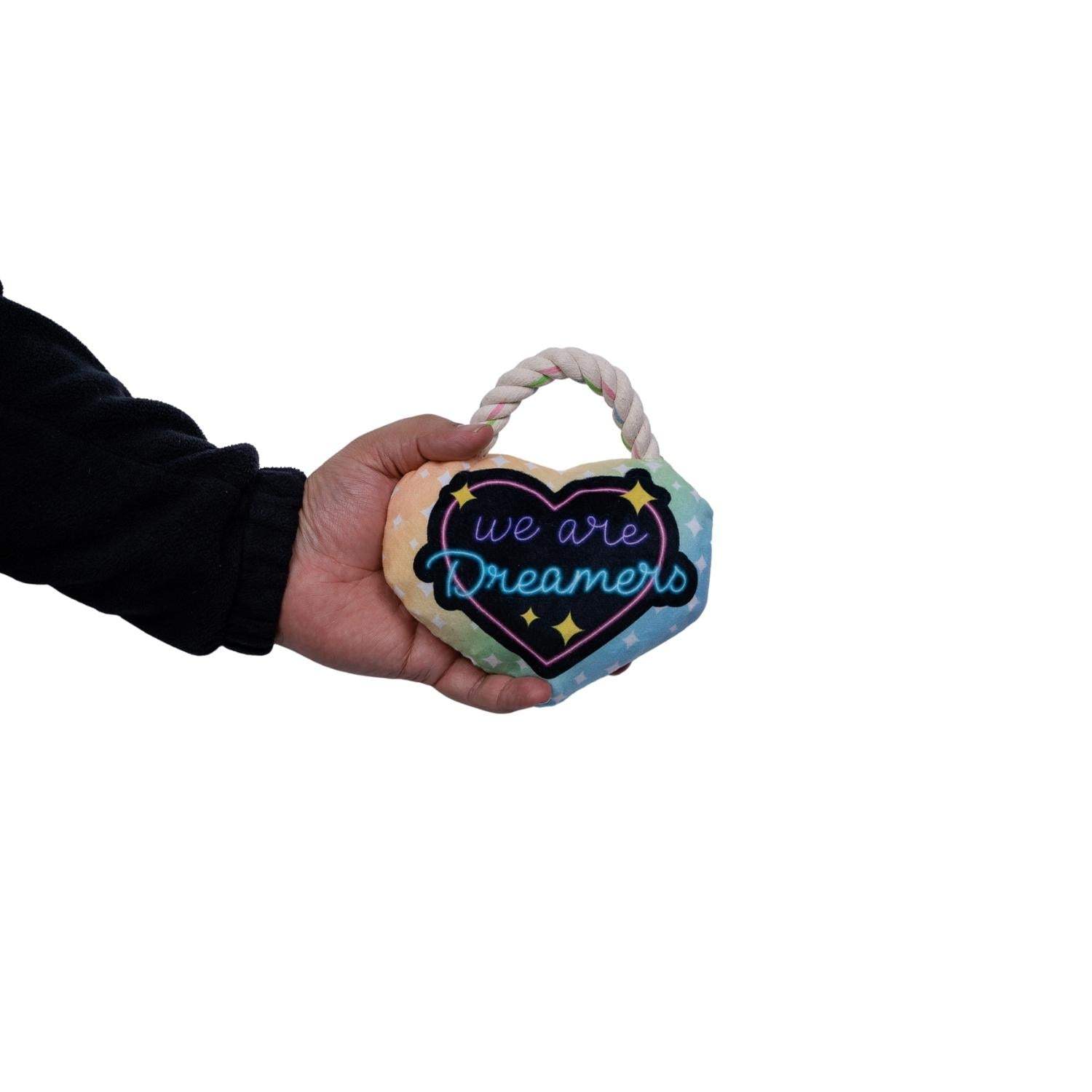Love heart plush dog toy with squeaker and crinkle paper for playful dogs