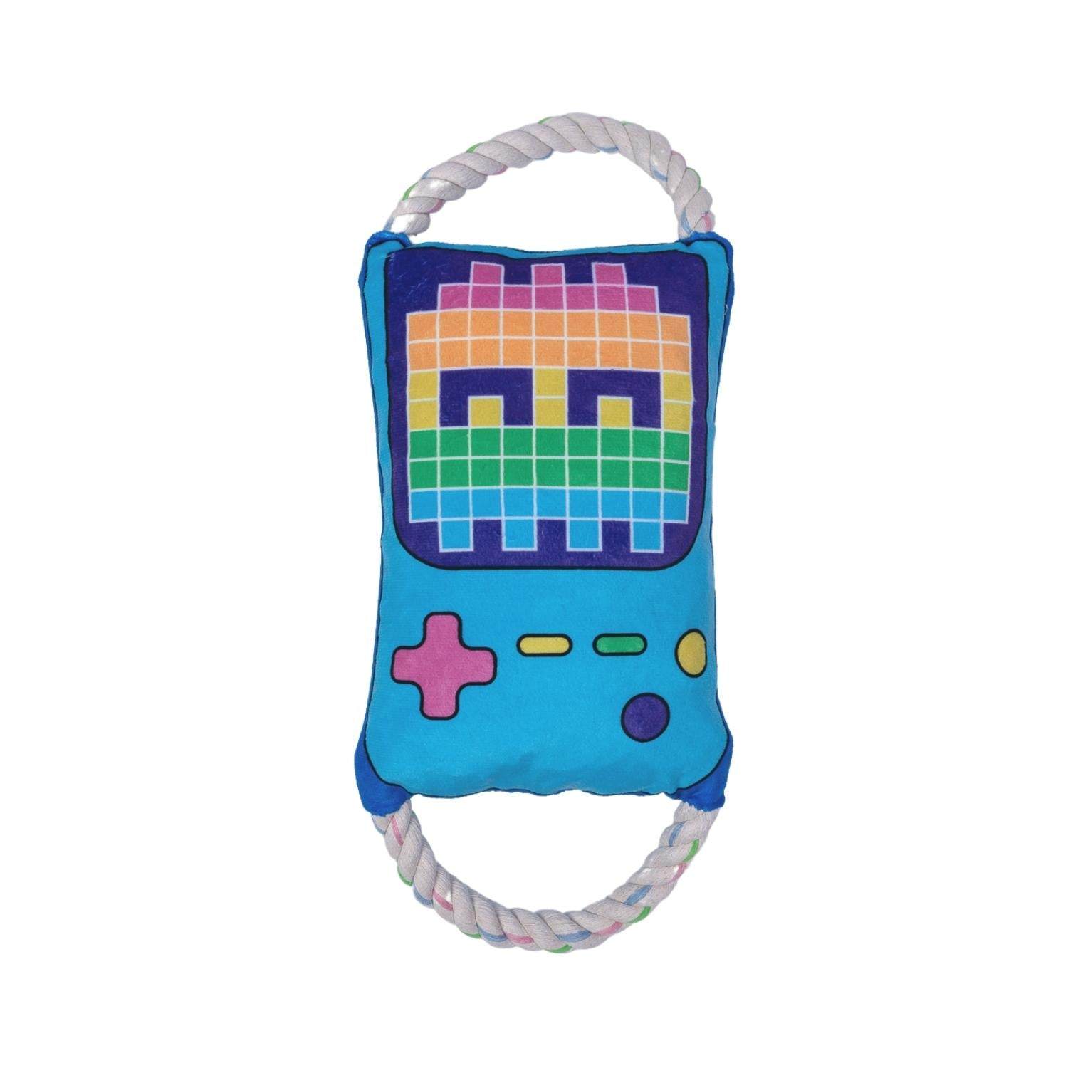 Retro Gamer Plush Dog Toy with squeaker and crinkle paper, blue handheld game design with rainbow pixel art and rope handles for interactive play