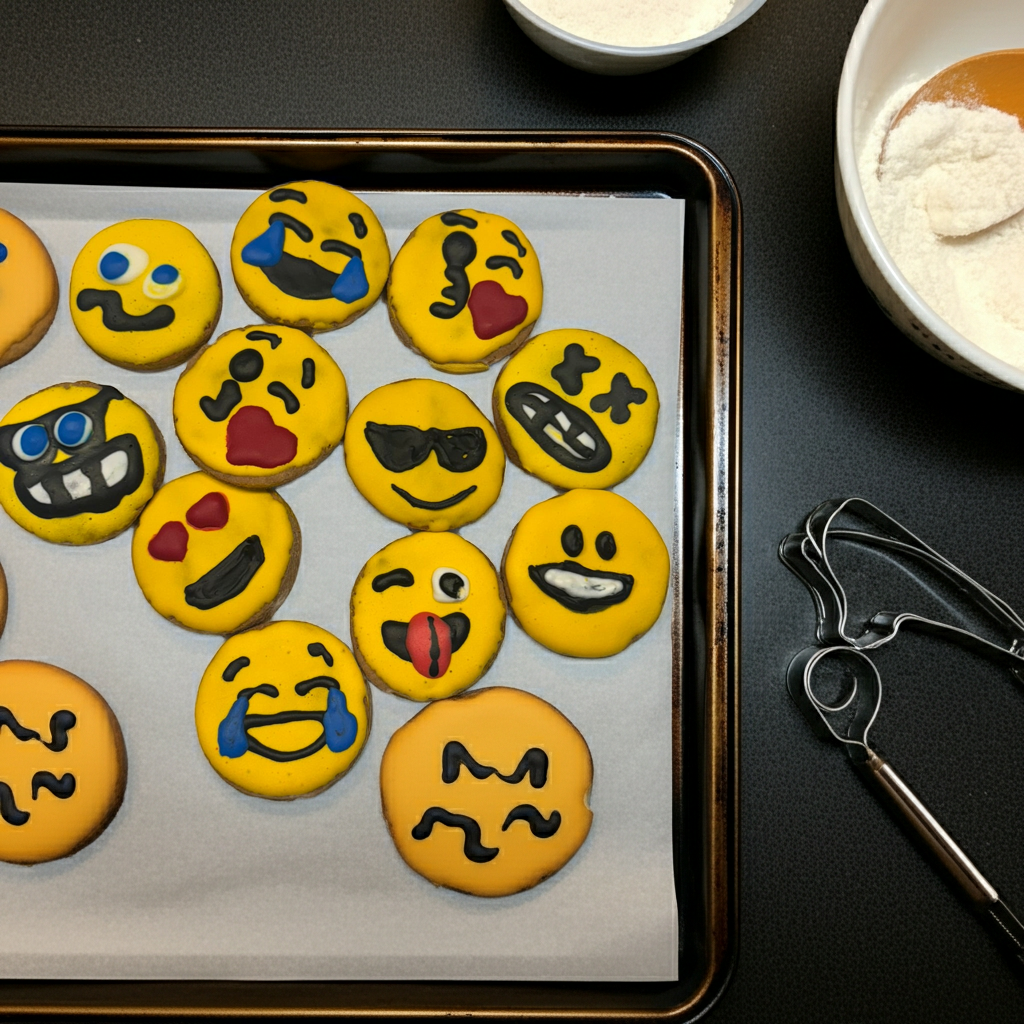Tray of handmade emoji peanut butter organic dog cookies with colorful expressive faces on parchment paper next to baking tools and ingredients