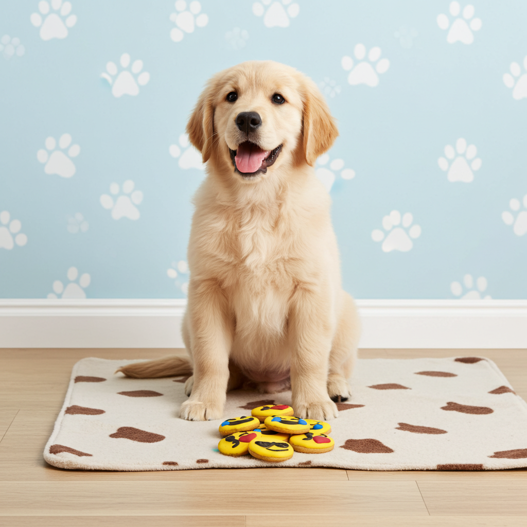 Golden retriever puppy sitting on bone-patterned mat with emoji peanut butter organic dog cookies in front against blue paw print wall background