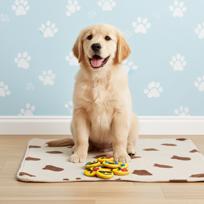 Golden retriever puppy sitting on bone-patterned mat with emoji peanut butter organic dog cookies in front against blue paw print wall background