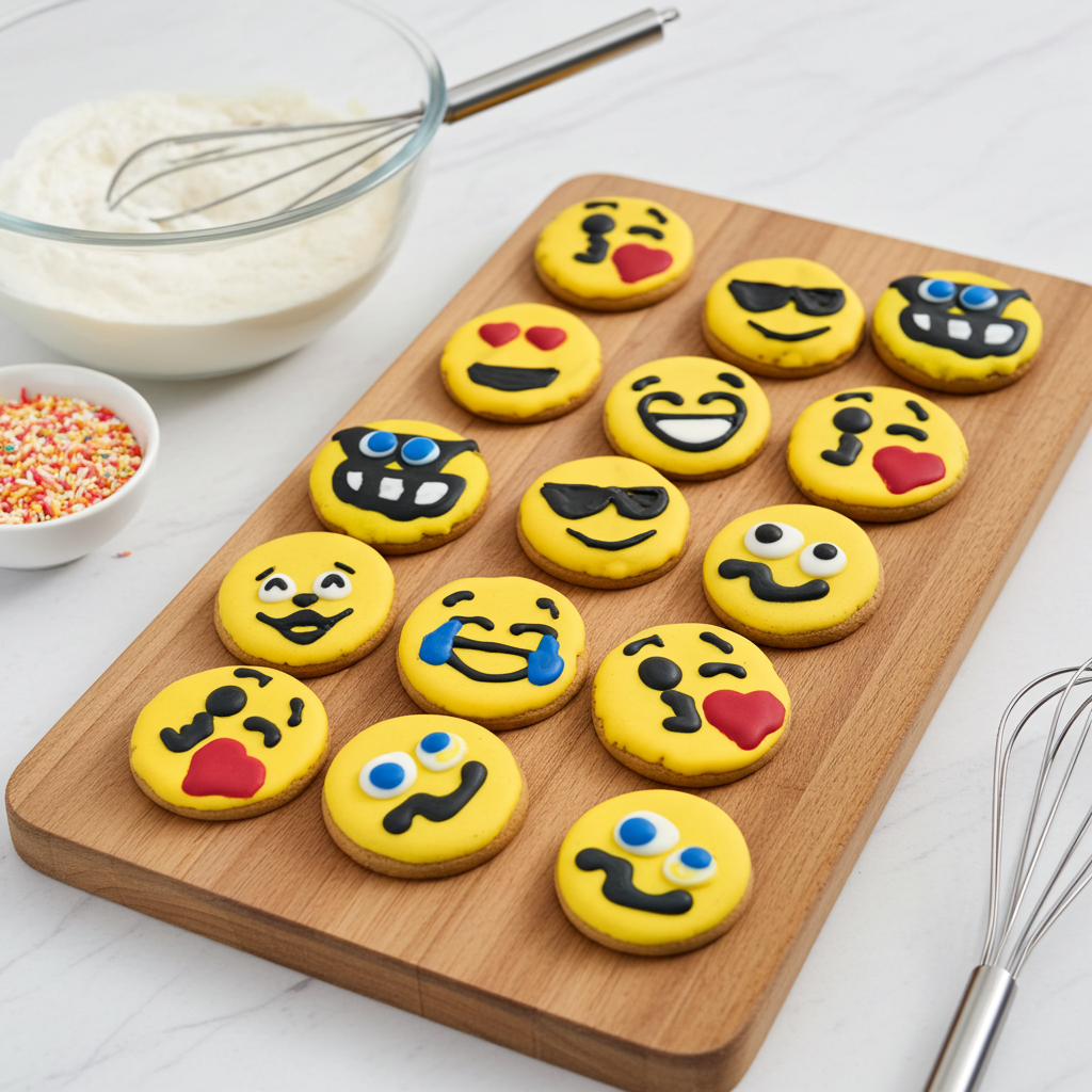Emoji peanut butter organic dog cookies with fun smiley faces on wooden tray