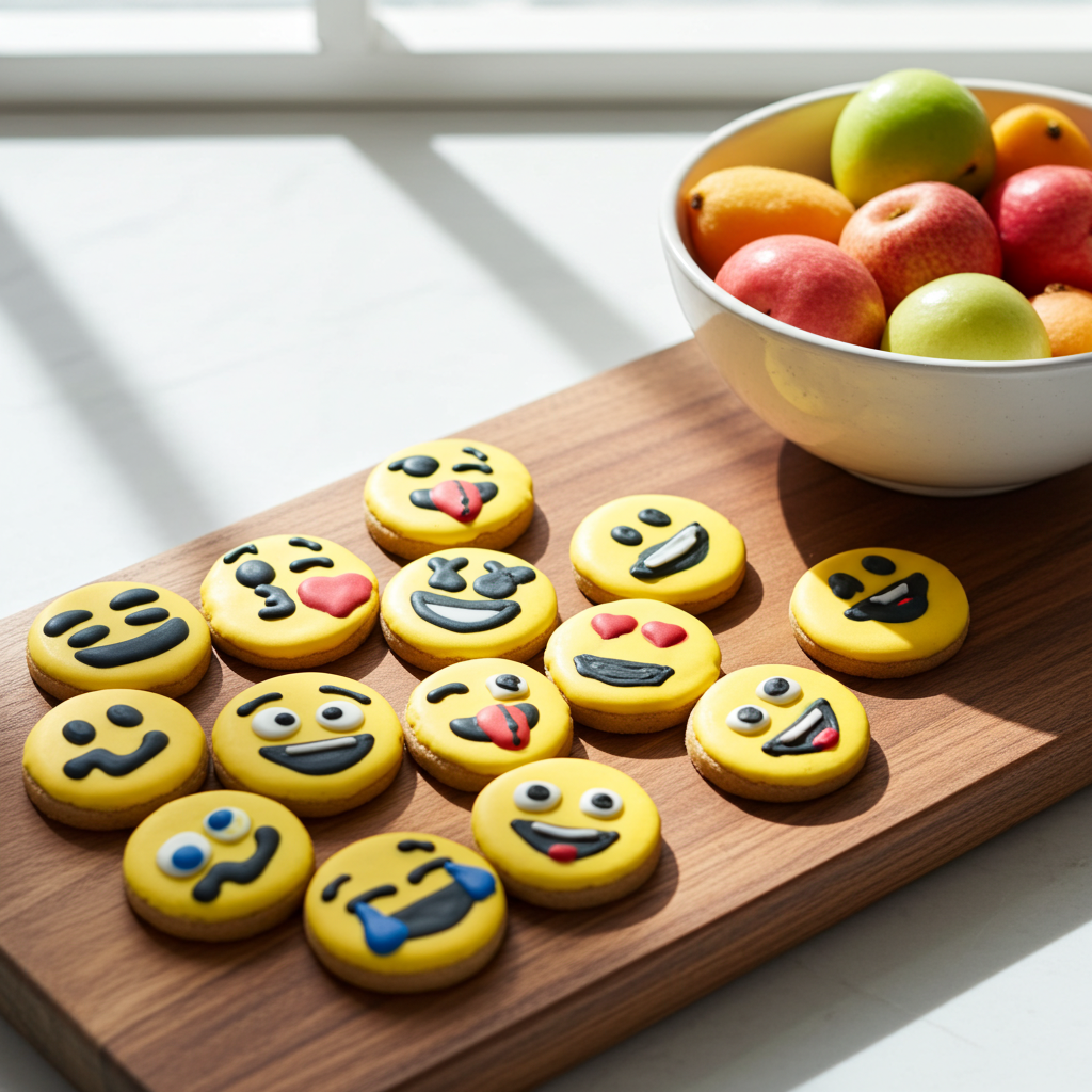 Emoji peanut butter organic dog cookies with various fun emoji faces on a wooden board next to a bowl of fruit