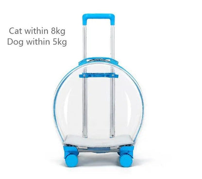 Transparent rolling pet travel trolley with wheels for puppies and cats in pink and green colors