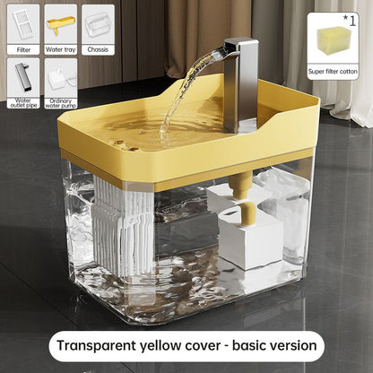 Automatic pet water dispenser with transparent yellow cover, USB-powered, anti-dry, and circular filtration system