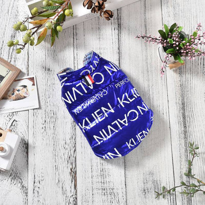 Blue cotton dog vest with white Calvin Klein text for small dogs and puppies autumn winter wear
