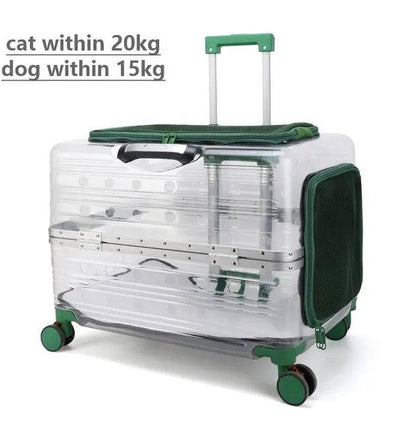 Transparent rolling pet travel trolley with wheels for puppies and cats in pink and green colors