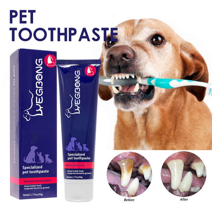 pet mouth cleaning cream for cats and dogs with plaque removal and fresh breath toothpaste shown with dog brushing teeth before and after results
