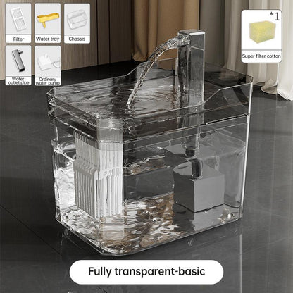 Transparent automatic pet water dispenser with filter and USB power, 1.5L capacity