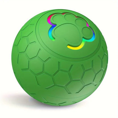 Green interactive pet toy ball with RGB LED lights and paw print design