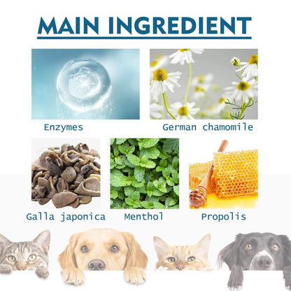 Pet oral cleaning spray ingredients including enzymes, chamomile, galla japonica, menthol, and propolis for cats and dogs.