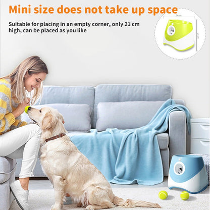Rechargeable automatic tennis ball launcher with three 5cm balls for pet interactive play and adjustable launch distances.