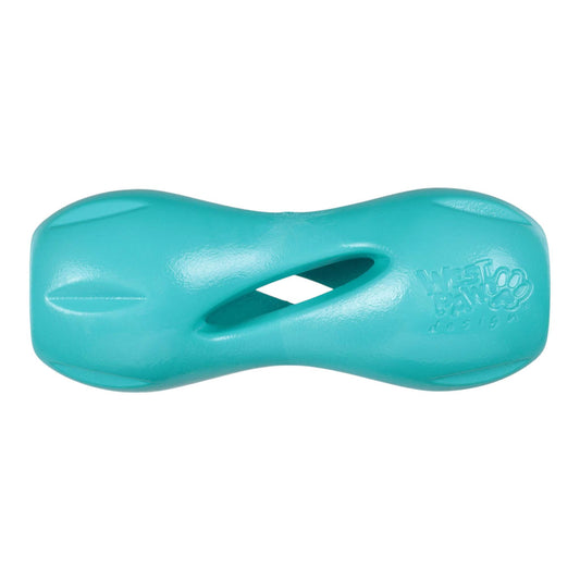 Qwizl Teal tough dog treat toy with flexible ridges and side openings for scent release