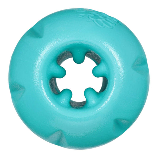 Qwizl Teal tough dog treat toy with side openings and flexible ridges for durable chewing