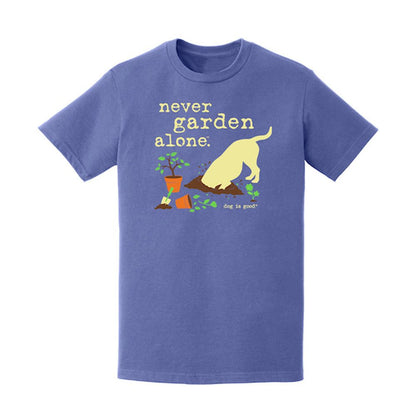 Blue Never Garden Alone t-shirt with dog digging near a plant graphic