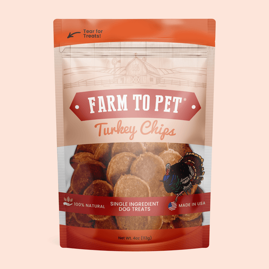 All-natural turkey chips for dogs, single-ingredient healthy dog treats made from human-grade turkey breast, ideal for allergies and training.