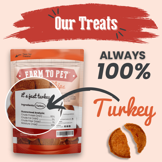 All-natural turkey chips dog treats made from single-ingredient human-grade turkey breast, ideal for dogs with allergies and perfect for training.