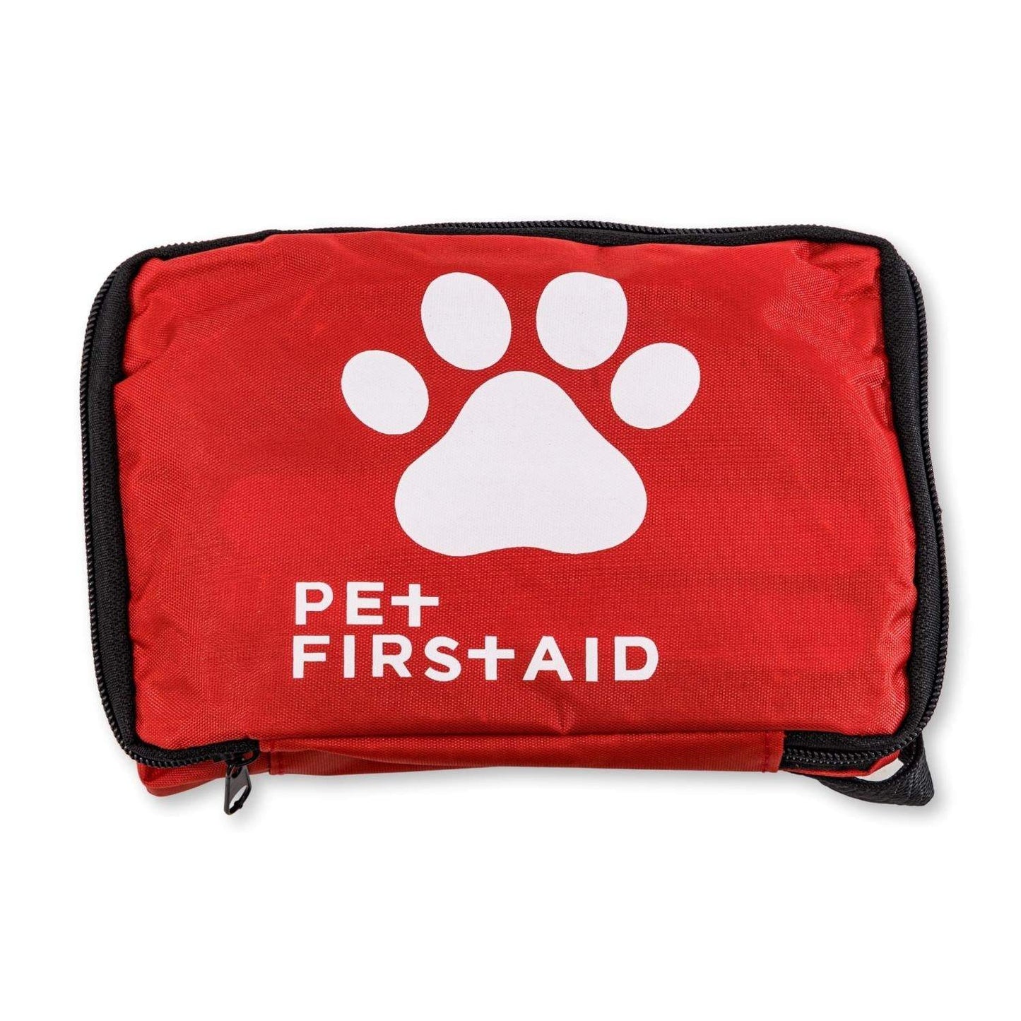 Red compact pet travel first aid kit with paw print and zipper pouch for emergencies