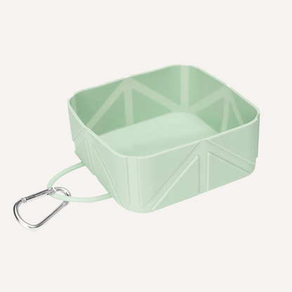 Foldable pet food and water bowl in mint green with carabiner clip for travel and outdoor use