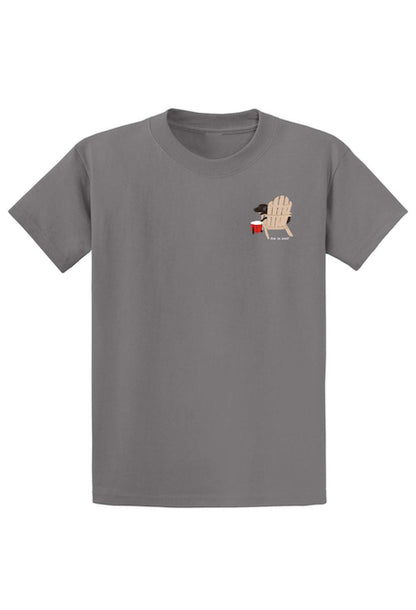 Never Drink Alone grey unisex t-shirt with dog and chair graphic, 50/50 cotton-poly blend for comfort and durability