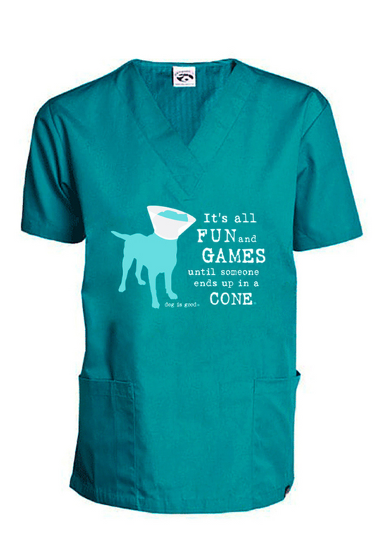 Scrub Top: It’s All Fun and Games Until Someone Ends Up in a Cone® (Cat/Dog)