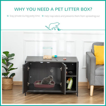 Hidden cat litter box enclosure with double doors, side entry hole, adjustable shelves, and multi-functional wooden design as stylish pet furniture and storage cabinet