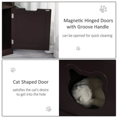 Cat litter box nightstand with magnetic hinged doors and cat-shaped side door for easy access and odor control